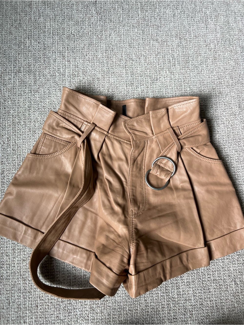 Marisa Webb High-Waist Vegan Leather Shorts with D-Ring Belt — Tan